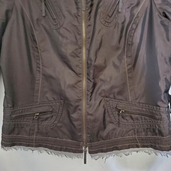 Brown Tulle Trim Moto Jacket Size XL Raw Edge Lined Retro Zipper Pockets Biker - Picture 3 of 15